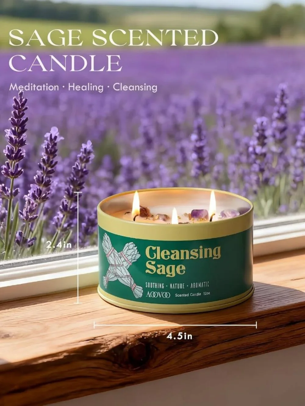 Large 12oz Sage Candle with Crystals & Leaves - Aromatherapy for Meditation